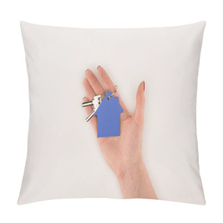 Personality  Cropped Image Of Female Hand Holding Key From House Isolated On White Pillow Covers