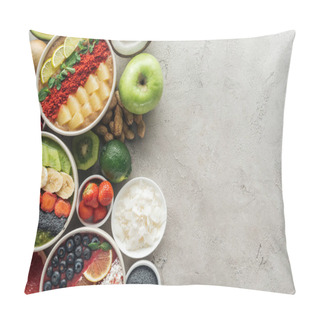 Personality  Top View Of Healthy Smoothie Bowls With Ingredients On Grey Background Pillow Covers