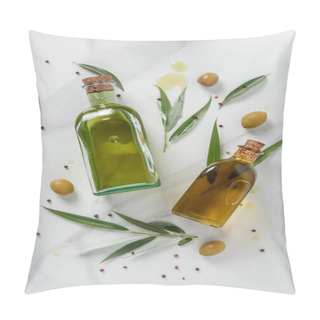 Personality  Top View Of Two Bottles Of Olive Oil And Twigs On Marble Table Pillow Covers