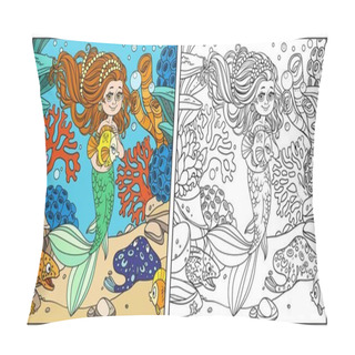Personality  Cute Little Mermaid Girl Holds A Pet Fish On Underwater World With Corals, Anemones, Moray Eels And Ramp Background Color And Outlined Pillow Covers