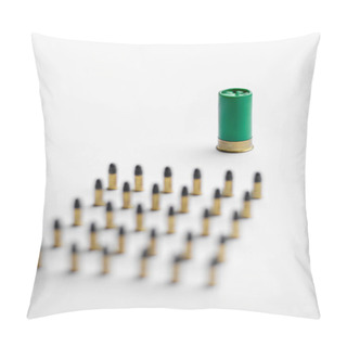 Personality  High Angle View Of Blurred Bullets Near Shotgun Shell On White Background  Pillow Covers