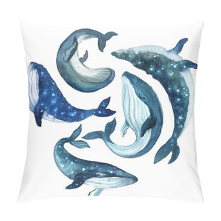 Personality  Watercolor Cute Beautiful Whales With Starry Sky On The White Background Pillow Covers