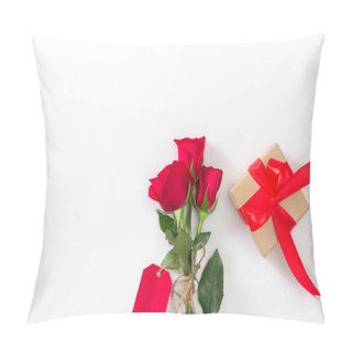 Personality  Flowers Composition For Mother's Day. Red Roses And Gift Box On White Table Pillow Covers
