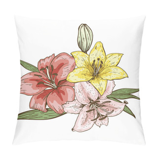 Personality  Bouquet Of Three Colorfull Lily Flowers Hand Drawn Isolated On White Background. Vector Illustration. Pillow Covers