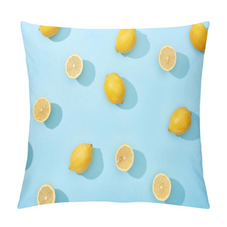 Personality  Top View Of Whole And Cut Yellow Lemons On Blue Background Pillow Covers
