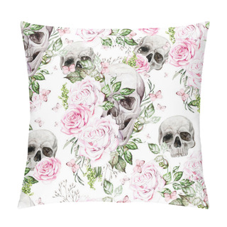 Personality  Beautiful Watercolor Seamless Pattern With Skull And Flowers Of Peony And Roses.  Illustration Pillow Covers