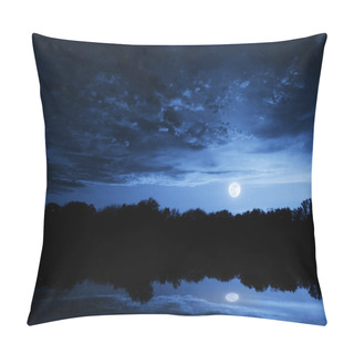 Personality  Dramatic Moonrise With Deep Blue Sky Lake Reflections And Clouds Pillow Covers