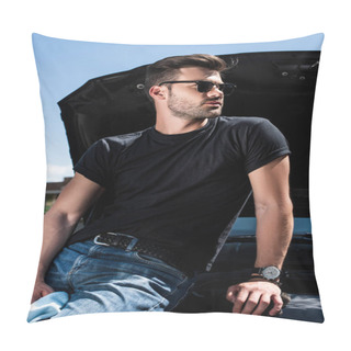 Personality  Side View Of Young Man In Sunglasses With Rag Near Car With Opened Bonnet At Street Pillow Covers