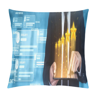 Personality  Customer Review Satisfaction Feedback Survey Concept. User Give Rating To Service Experience On Online Application. Customer Can Evaluate Quality Of Service Leading To Reputation Ranking Of Business. Pillow Covers