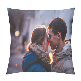 Personality Portrait Of Young Beautiful Couple Kissing In An Autumn Rainy Day. Pillow Covers