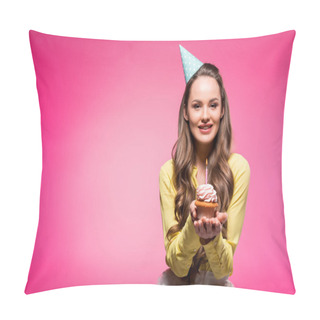 Personality  Attractive Woman With Party Hat Holding Cupcake With Candle Isolated On Pink Pillow Covers