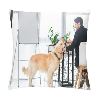 Personality  Back View Of Smiling Businessman Sitting At Table And Stroking Golden Retriever Sitting On Floor  Pillow Covers