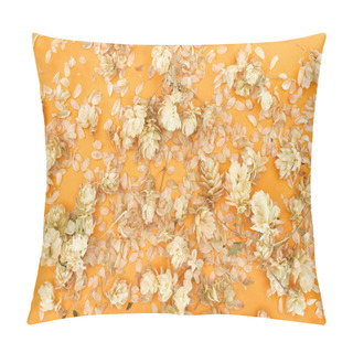 Personality  Top View Of Twigs With Hop Seed Cones Near Petals On Yellow Background Pillow Covers