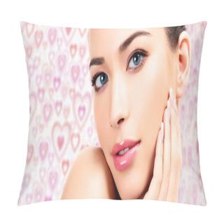 Personality  Closeup Shot Of Beautiful Female Face And Hand With Manicured Fingers, Background With Pink And Red Hearts Pillow Covers