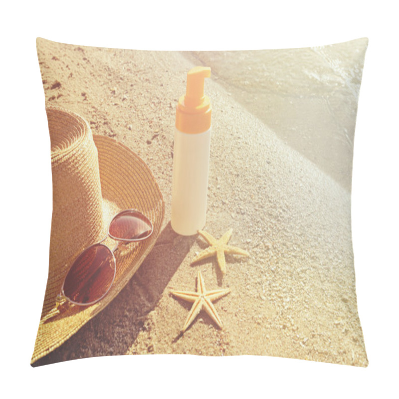 Personality  Sun protection set on beach. Skin care concept. pillow covers