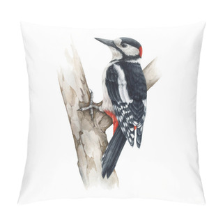 Personality  Woodpecker Bird On A Tree. Watercolor Realistic Illustration. Dendrocopos Major Wild Forest Bird On A Tree Branch. Woodpecker European Avian On White Background. Beautiful Wildlife Animal Pillow Covers