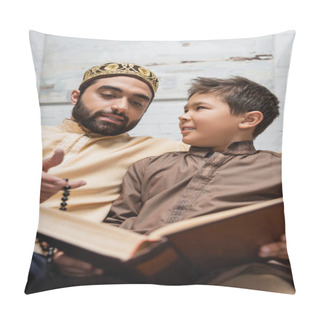 Personality  Arabian Man Holding Prayer Beads While Talking To Son With Blurred Book At Home  Pillow Covers