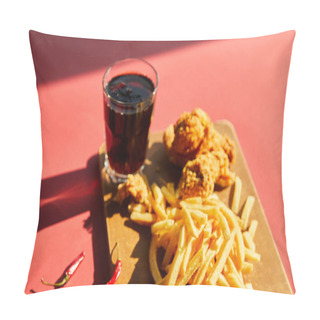 Personality  Selective Focus Of Spicy Deep Fried Chicken And French Fries Served On Wooden Cutting Board With Soda In Sunlight Pillow Covers