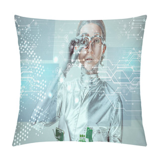 Personality  Futuristic Silver Cyborg Adjusting Eye Prosthesis And Looking At Digital Data Isolated On Grey, Future Technology Concept   Pillow Covers