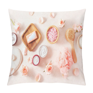 Personality  Skincare Products And Rose Flowers. Natural Cosmetics For Home Spa Treatment Pillow Covers