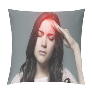 Personality  Sick Woman Suffering From Headache, With Red Painful Point, Isolated On Grey Pillow Covers