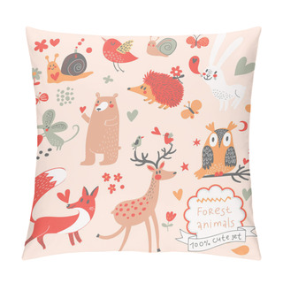 Personality  Cartoon Set Of Cute Wild Animals In The Forest Pillow Covers
