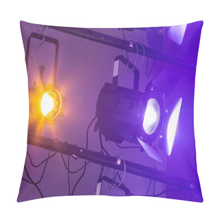 Personality  The Ceiling Of The Theatrical Scene With Multi-colored Lighting Equipment. Stage Lighting.White Projectors In The Circus.Multicolored Light Rays From Stage Spotlights On Stage In Smoke During An Show. Pillow Covers