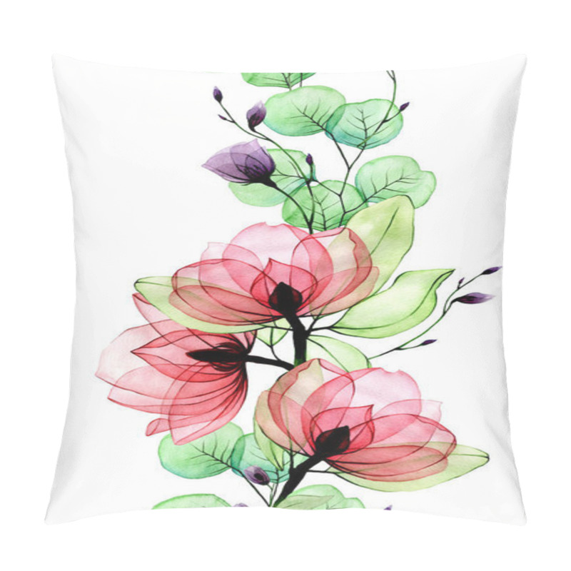 Personality  watercolor seamless gordur with transparent flowers. pink flowers of wild rose, wild rose and green eucalyptus leaves. delicate drawing x-ray pillow covers