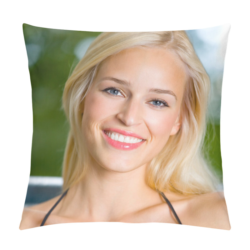 Personality  Smiling young beautiful woman, outdoors pillow covers