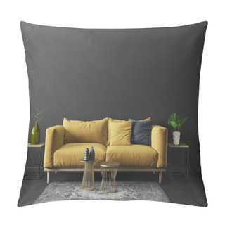 Personality  Modern Living Room  With Yellow Sofa In Black Room. Scandinavian Interior Design Furniture. 3d Render Illustration Pillow Covers