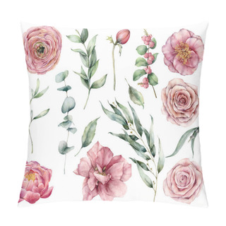 Personality  Watercolor Floral Set With Pink Flowers And Greenery. Hand Painted Pink Roses, Buds, Berries And Eucalyptus Leaves Isolated On White Background. Botanical Illustration For Design, Print, Fabric. Pillow Covers