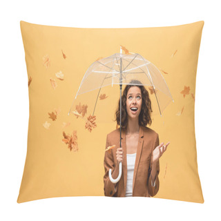 Personality  Happy Curly Woman In Brown Jacket Holding Umbrella In Falling Golden Maple Leaves Isolated On Yellow Pillow Covers