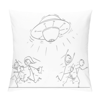 Personality  Cartoon Drawing Of Crowd Of People Running In Panic Away From UFO Or Alien Ship Pillow Covers