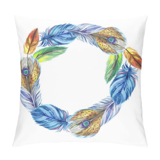 Personality  Colorful Watercolor Feathers Isolated On White Illustration. Frame Border Ornament With Copy Space. Pillow Covers