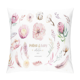 Personality  Watercolor Boho Floral Set Wirh Cotton Ball, Protea Flower. Bohemian Natural Wreath Frame: Leaves, Feathers, Flowers, Isolated On White Background. Boho Decoration Illustration. Save The Date Pillow Covers
