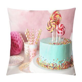 Personality  Stand With Fresh Delicious Cake And Birthday Decorations On Table. Space For Text Pillow Covers
