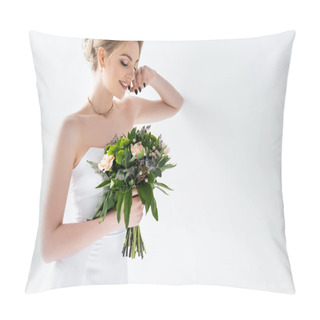 Personality  Happy Young Bride In Elegant Wedding Dress Holding Flowers On White  Pillow Covers