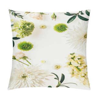 Personality  Top View Of Various Green And White Flowers On White Pillow Covers