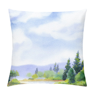 Personality  Hand Drawn Bright Paint Artwork Quiet Heaven Scene Sketch White Paper Backdrop Text Space. Light Blue Color Calm Rural Hill Swamp Creek Bay Green Grass Field Wood Thicket Plant Fall Haze Fog Mist View Pillow Covers