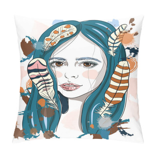 Personality  Portrait Of Beautiful Girl With Feathers In Her Hair. Fashion Illustration On White Background. Print For T-shirt Pillow Covers