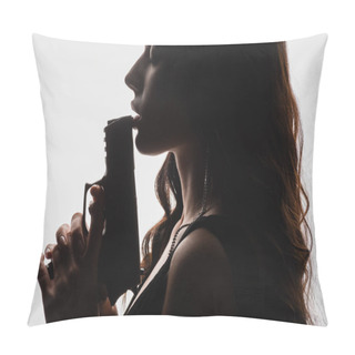 Personality  Side View Of Brunette Young Woman With Closed Eyes Holding Gun Isolated On White Pillow Covers