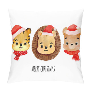 Personality  Merry Christmas With Hand Drawn Watercolor Cute Animals Head Wearing Santa Hat Vector Pillow Covers