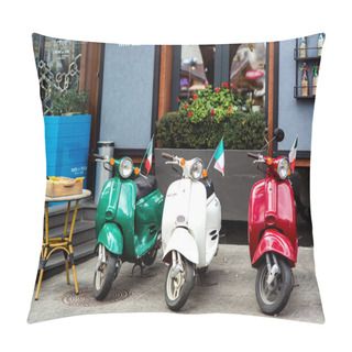 Personality  ODESSA, UKRAINE - November 12, 2018: Three Multi-colored Mopeds In Retro Style Are Parked Against The Background Of The Facade Of The Exterior Of The Cafe In Traditional Italian Style In The Center. Pillow Covers