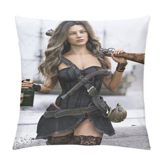 Personality  Portrait Of A Female Brunette Pirate Mercenary Walking The Beach With Her Blunderbuss At The Ready And Holding A Bottle Of Rum With Her Pirate Ship Anchored In The Background. 3d Rendering Pillow Covers