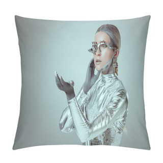 Personality  Futuristic Silver Cyborg Gesturing With Hand And Looking Away Isolated On Grey, Future Technology Concept   Pillow Covers