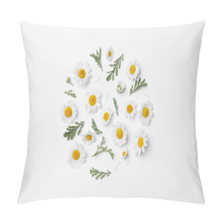 Personality  Flat Lay Composition With Fresh Chamomiles On White Background Pillow Covers