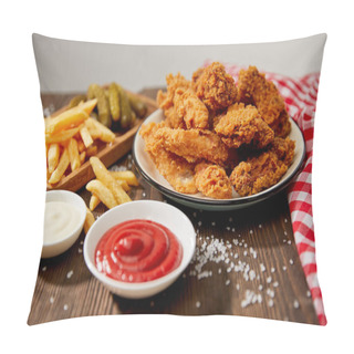 Personality  Delicious Chicken Nuggets, Ketchup, Mayonnaise, French Fries And Gherkins On Wooden Table With Salt And Rustic Plaid Napkin Isolated On Grey Pillow Covers