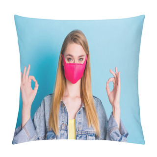 Personality  Closeup Photo Of Pretty Lady Social Distance Concept Not Contact People Showing Okey Symbols Express Agreement Wear Bright Protect Face Mask Denim Blazer Isolated Blue Color Background Pillow Covers