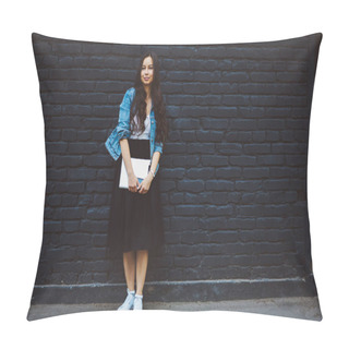 Personality  Stylish Hipster Girl With Gorgeous Long Brunette Hair Holding Modern Tablet And Smartphone In Hands While Standing Outdoors Against Black Promotional Background For Your Advertising Text Message Pillow Covers
