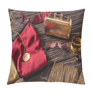 Personality  Close Up View Of Arrangement Of Golden And Red Fashionable Feminine Accessories And Clothes On Wooden Surface Pillow Covers